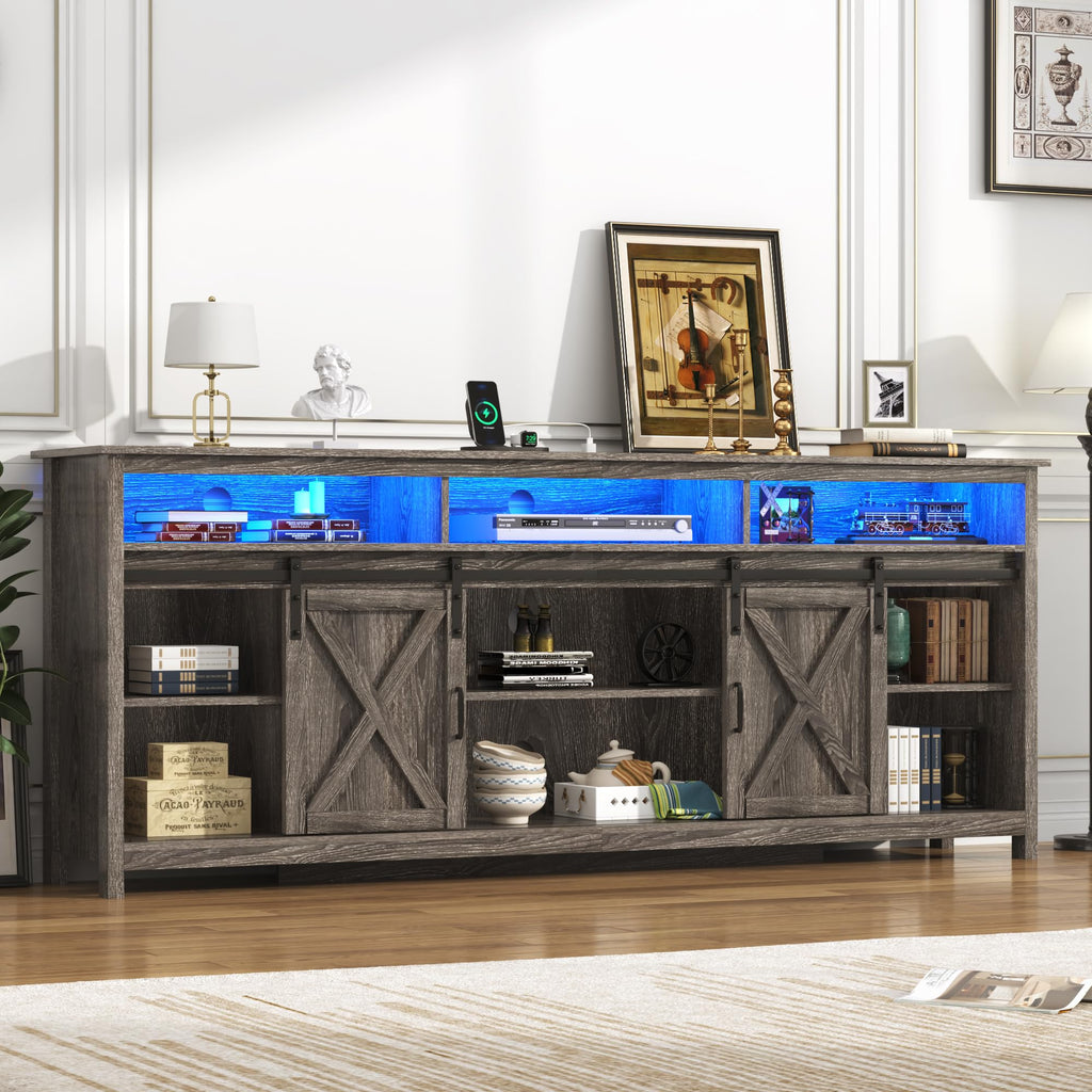 Farmhouse TV Stand for 90/85 inch TVs, Rustic Entertainment Center TV Cabinet Stands with Power Outlets, Grey