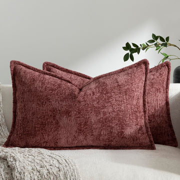 Pack of 2 Christmas Burgundy Fall Decorative Throw Pillow Covers 12x20 Cozy Soft Chenille Accent Vintage Rectangular