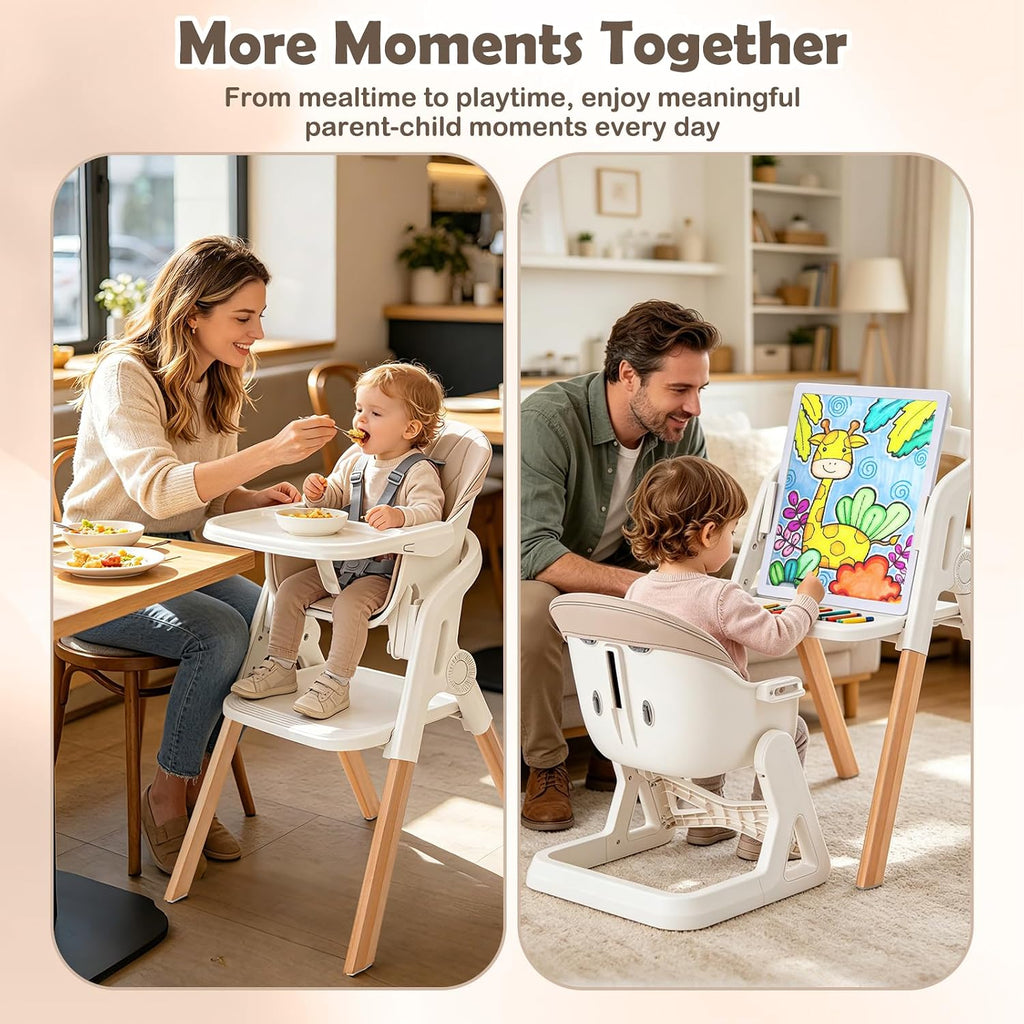 Foldable Baby High Chair, 4-in-1 Convertible Wooden Baby Highchairs (Beige) | Easel & Stool, Feeding Chair for Babies