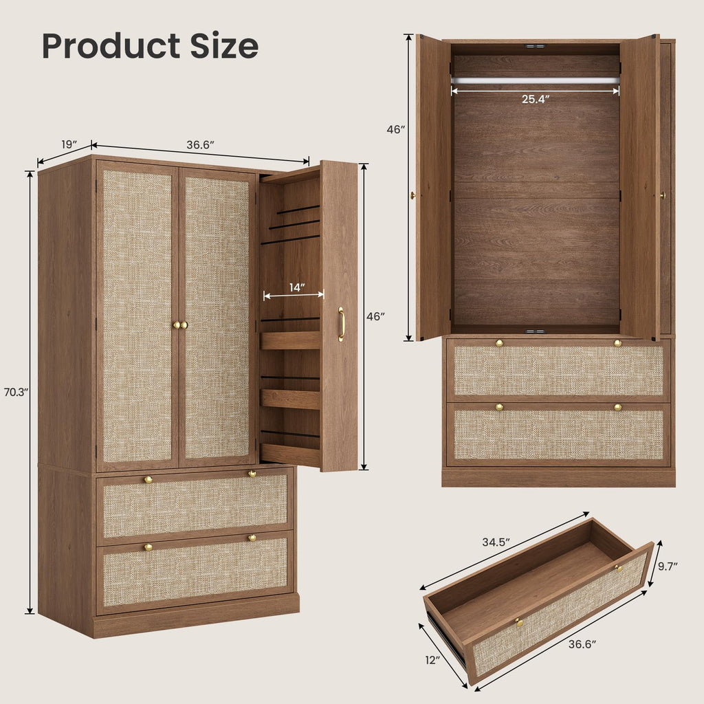 Rattan Wooden Armoire Wardrobe Closet with Pull-Out Side Storage