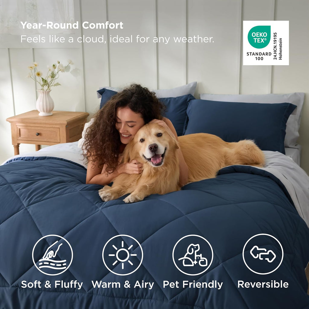 Full Comforter Set - 7 Pieces Reversible Navy Bed in a Bag Full, Full Comforter Sets for Boys for All Seasons with 1