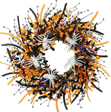 Halloween Wreath 23inch Artificial Spider Wreath with Handmade Black Orange Leaves Orange Purple Berries Teeth Front