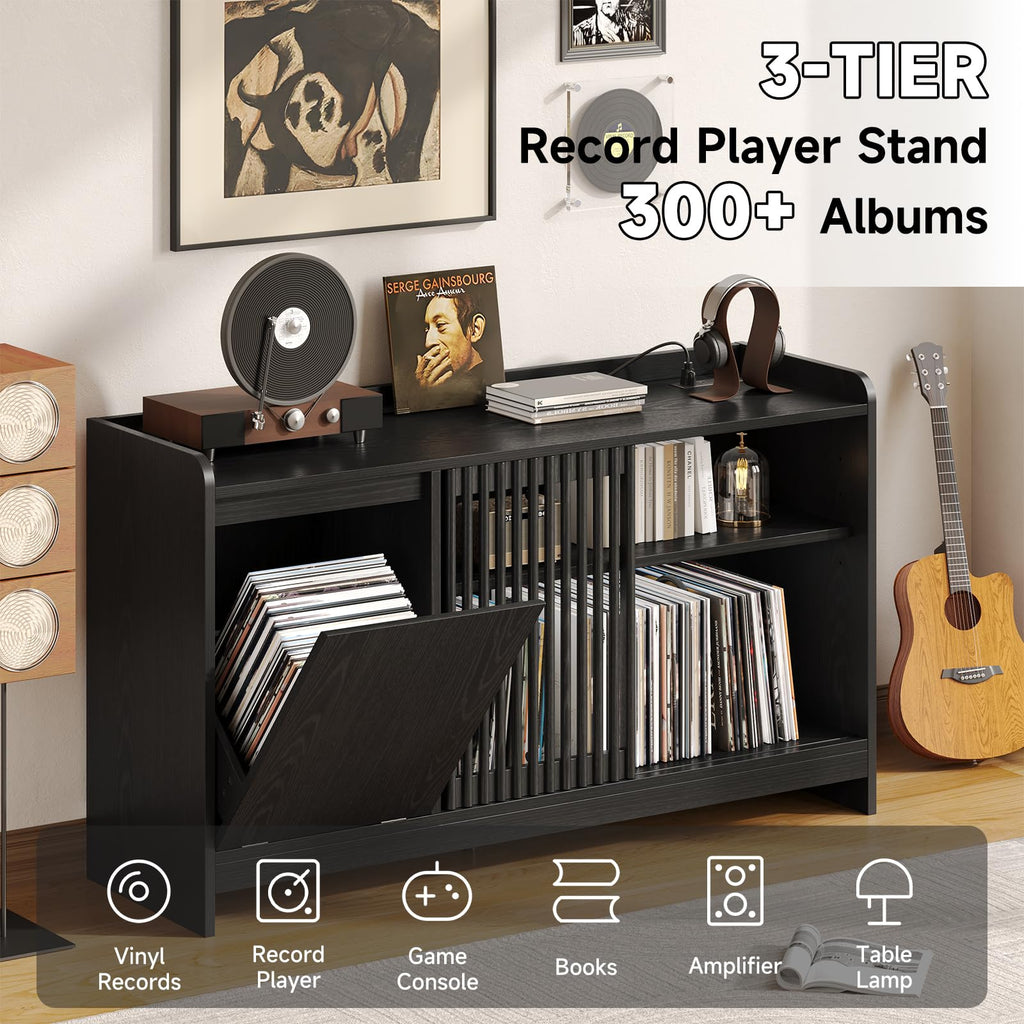 48" Record Player Stand w/Flip-Out Storage Cabinet, Sliding Door