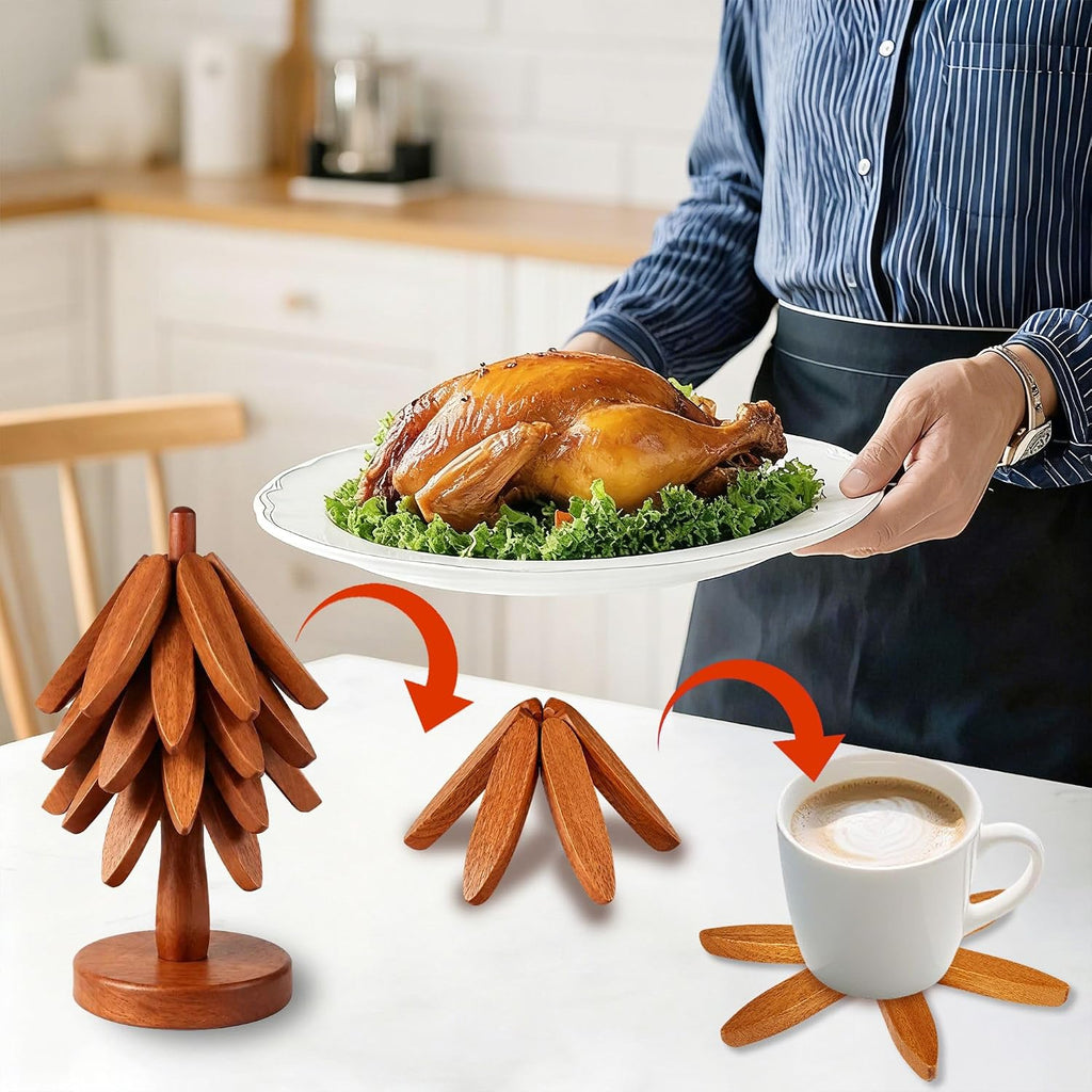 Wooden Tree Trivet Set - Natural Wood Coasters Trivets for Hot Dishes, Christmas Tree Trivet for Hot Pots Pans - Set of 4