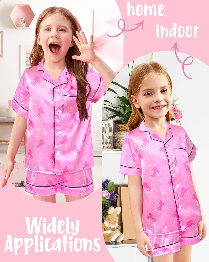 Kids Girls Pajama Set Silky PJS Button-Down Sleepwear Nightwear Loungewear Clothes Set Gifts