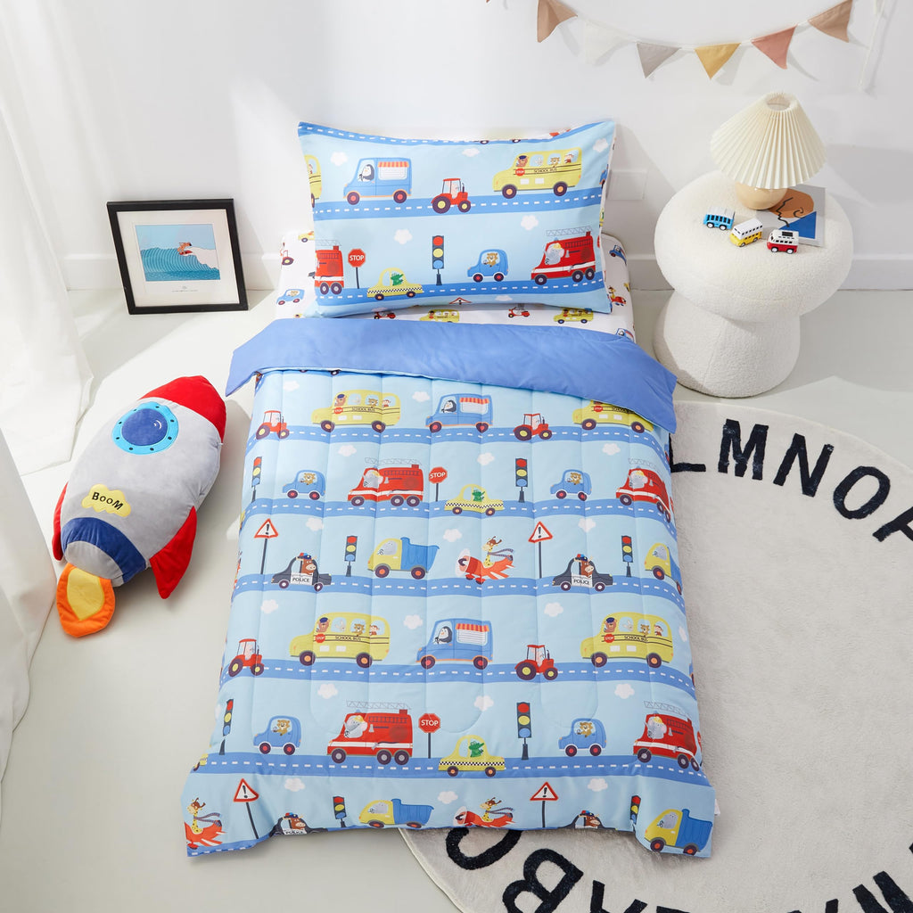 4-Piece Toddler Bedding Set, Includes 1 Flat Sheet, 1 Fitted Sheet, 1 Comforter and 1 Reversible Pillowcase, Standard