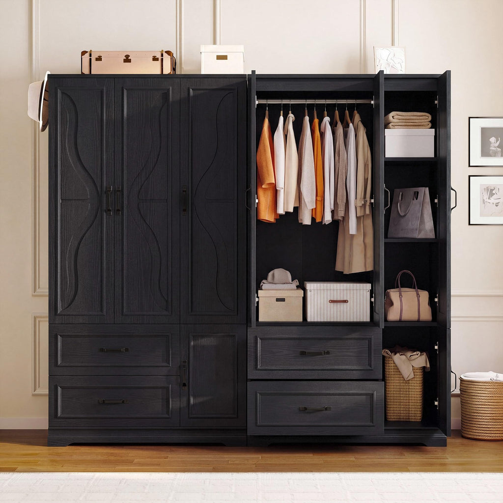 Armoire Wardrobe Closet with 4 Doors and Drawers, Black