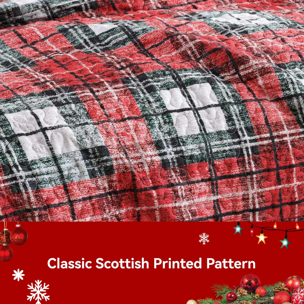 Christmas Quilt Set King Size, Red Plaid Christmas Bedding