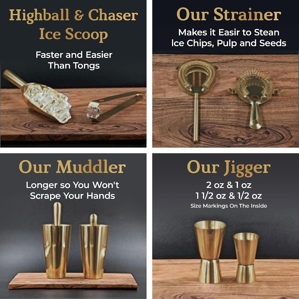 Bartender Kit with Black Bamboo Stand Beautiful Cocktail Shaker Set and Bar Tools Stainless Steel Boston Shaker
