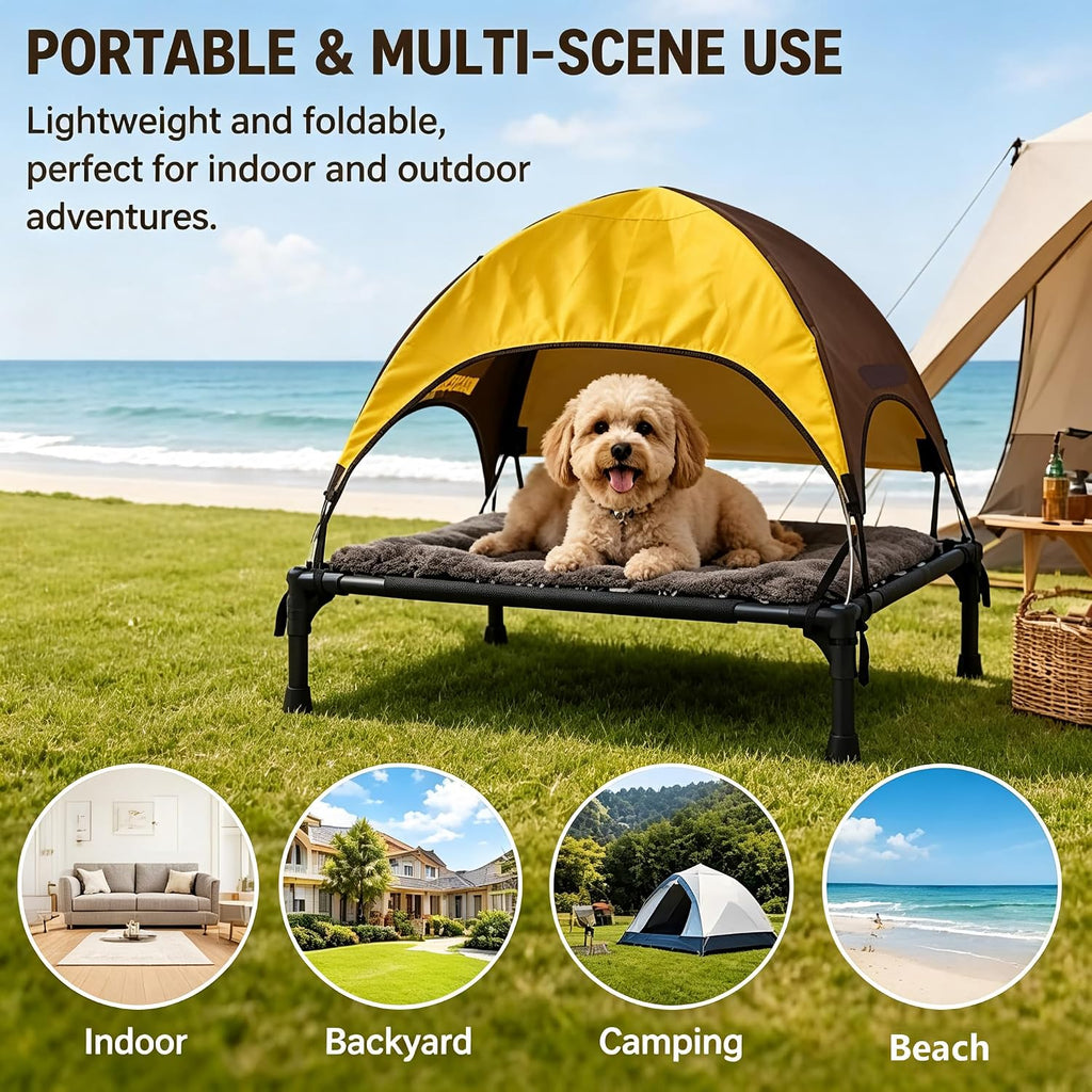 Outdoor Dog Bed with Canopy, Elevated Portable Pet Cot with Removable Shade Cover, Breathable Water Resistant Pet Rest