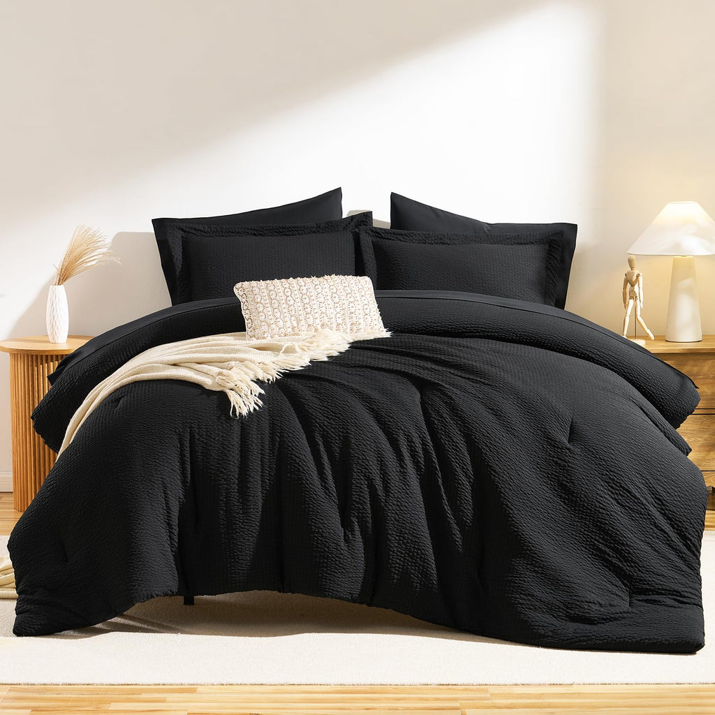 King Size Comforter Set Black - 7 Pieces Striped Seersucker Bed in a Bag, Soft Lightweight Boho Bedding Set with All