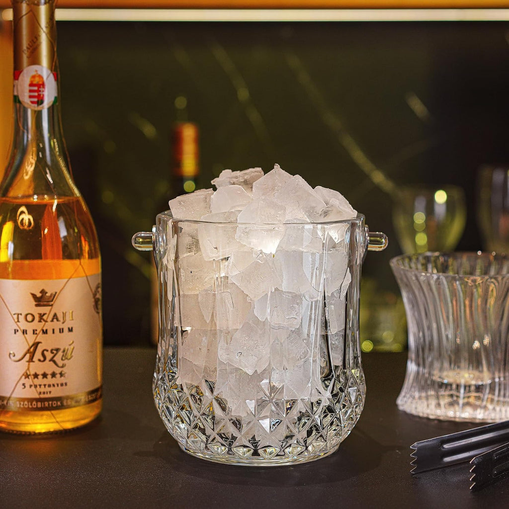 Crystal Ice Bucket 37oz Small Glass Ice Bucket with Tongs Handle 4.7in