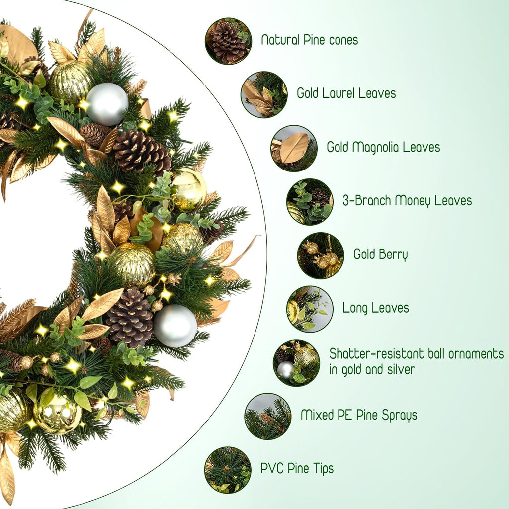 32 Inch Pre-Lit Botanical Christmas Wreath with 60 Warm White LEDs and Timer, Battery Operated Artificial PE & PVC