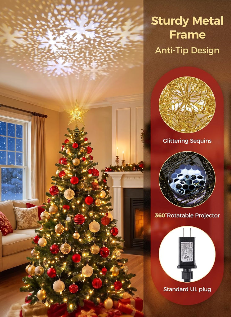 Star Tree Topper with Projector Lights - Double Star Style - Gold