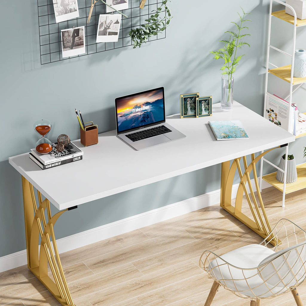 55'' Large Modern Computer Desk, White & Gold Luxury Laptop PC Student Table, Makeup Vanity Table with Thick Frame &
