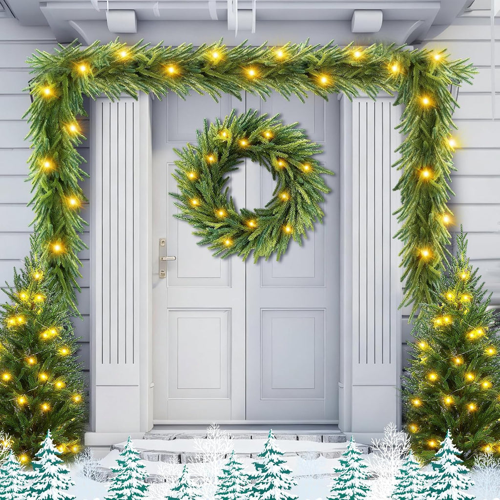 4 Piece Pre-lit Christmas Tree Set with LED Lights Christmas Garlands Wreath and Set of 2 Entrance Artificial Xmas