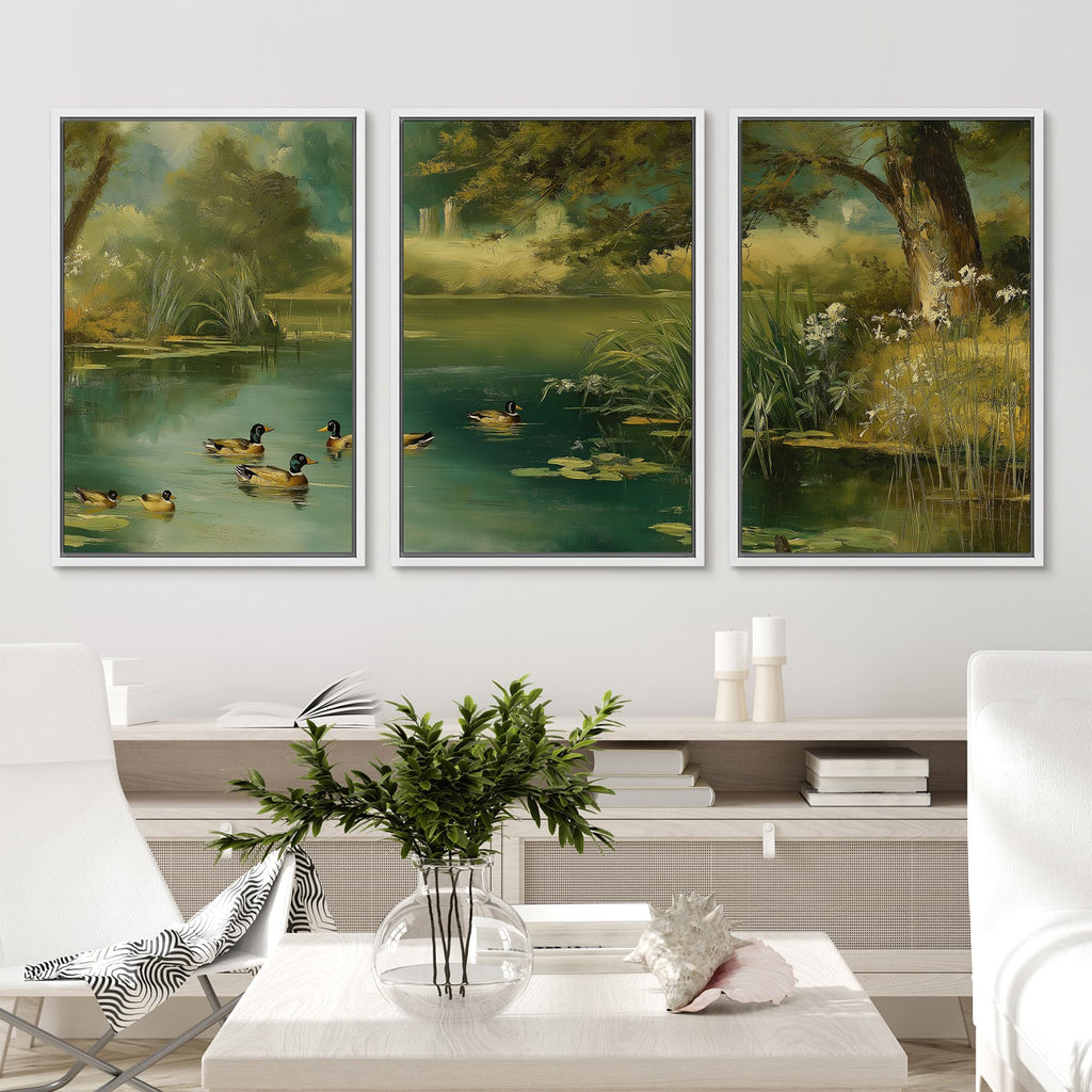 Framed Canvas Print Wall Art Set Serene Duck Pond Nature Landscape with Water Lilies Illustrations Fine Art