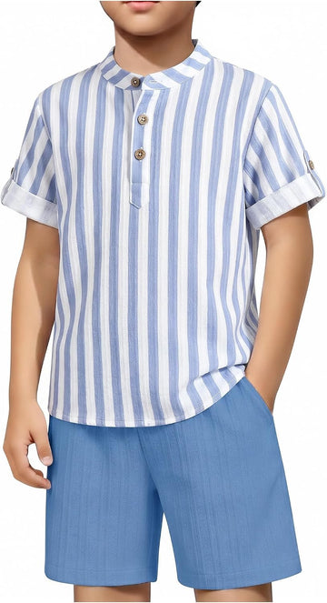 Boys 2 Pieces Set Textured Henley Shirts & Shorts Set