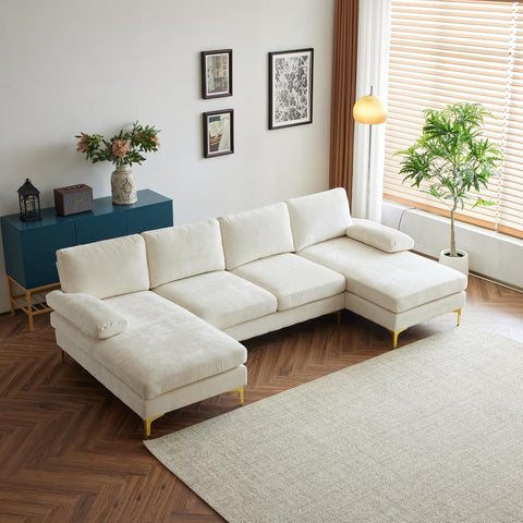 Karl home Convertible Sectional Sofa 110" U-Shape Sofa Couch 4-Seat Couch with Chaise ChenilleFabric Upholstered for