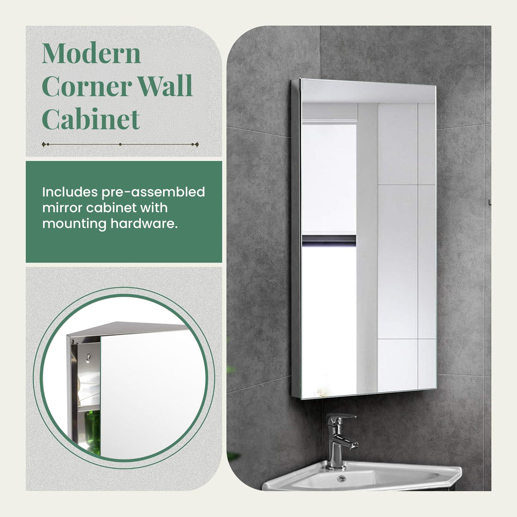 Supply Infinity Corner Medicine Cabinet with Mirror - Triple Shelf Storage Cabinet - Modern Wall Mount Medicine