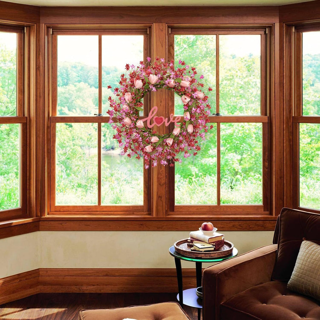 Valentines Day Wreath Decor, 22inch Artificial Pink Wreath with Tulip Berry Green Leaf Element, Valentines Wreaths