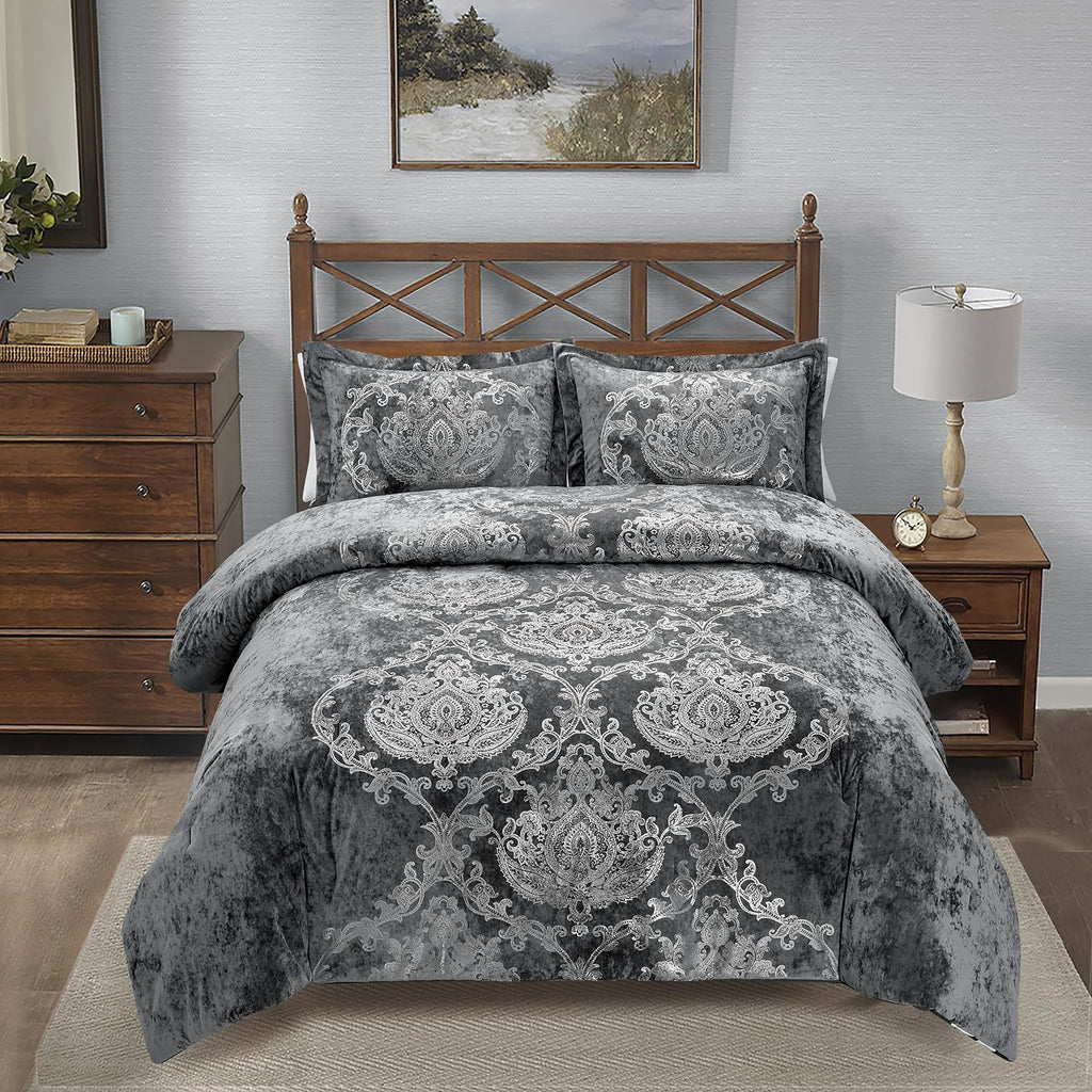 Metallic Print Comforter Set, Distressed Velvet Face with Metallic Foil Print and Brushed Solid Microfiber Reverse