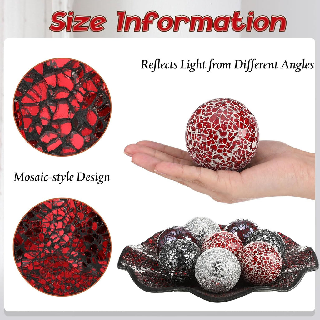 Centerpiece Bowl and Decorative Balls Set Table Mosaic Plate with 2.4 Inch Glass Mosaic Orbs Glass Turquoise - Set of 8