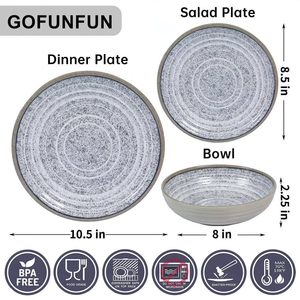 Melamine Dinnerware Sets 12 PCS - Service for 4 Plates & Bowls Sets Grey