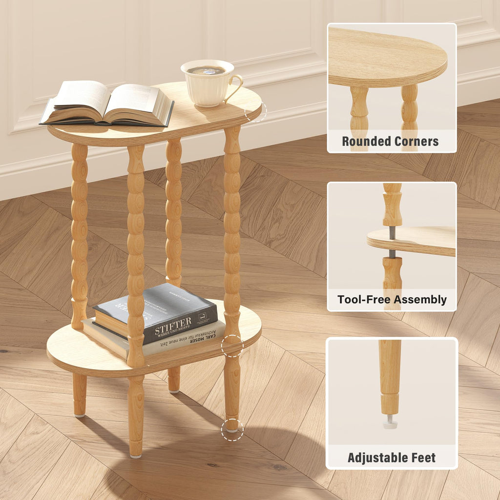 Narrow Side Table with Solid Wood Legs, Oval End Table Set of 2