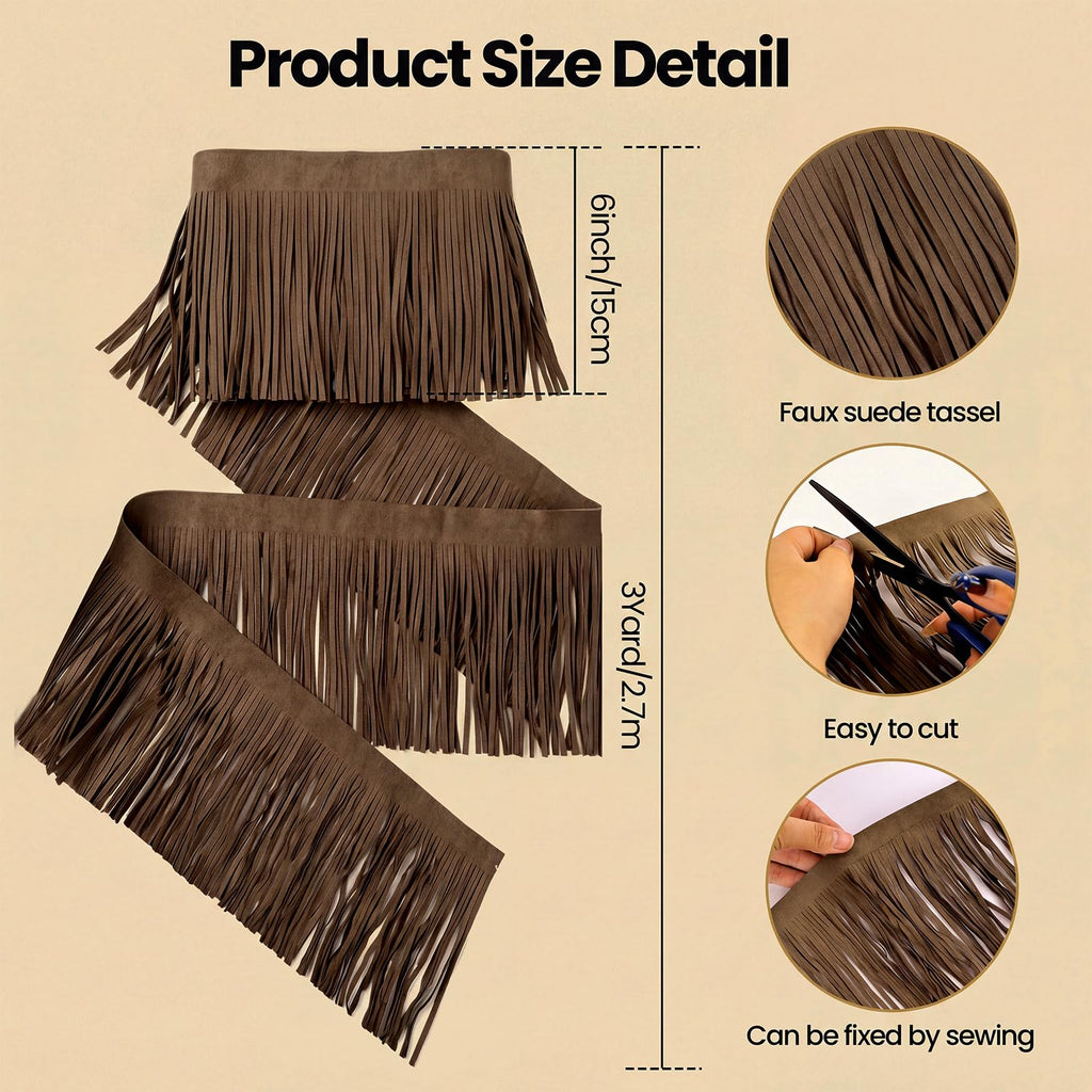 Faux Suede Fringe Trim 6Inch Double Side PU Leather Tassel Trim for DIY Sewing Dress Crafts Hats Bags Shoes - 3Yard