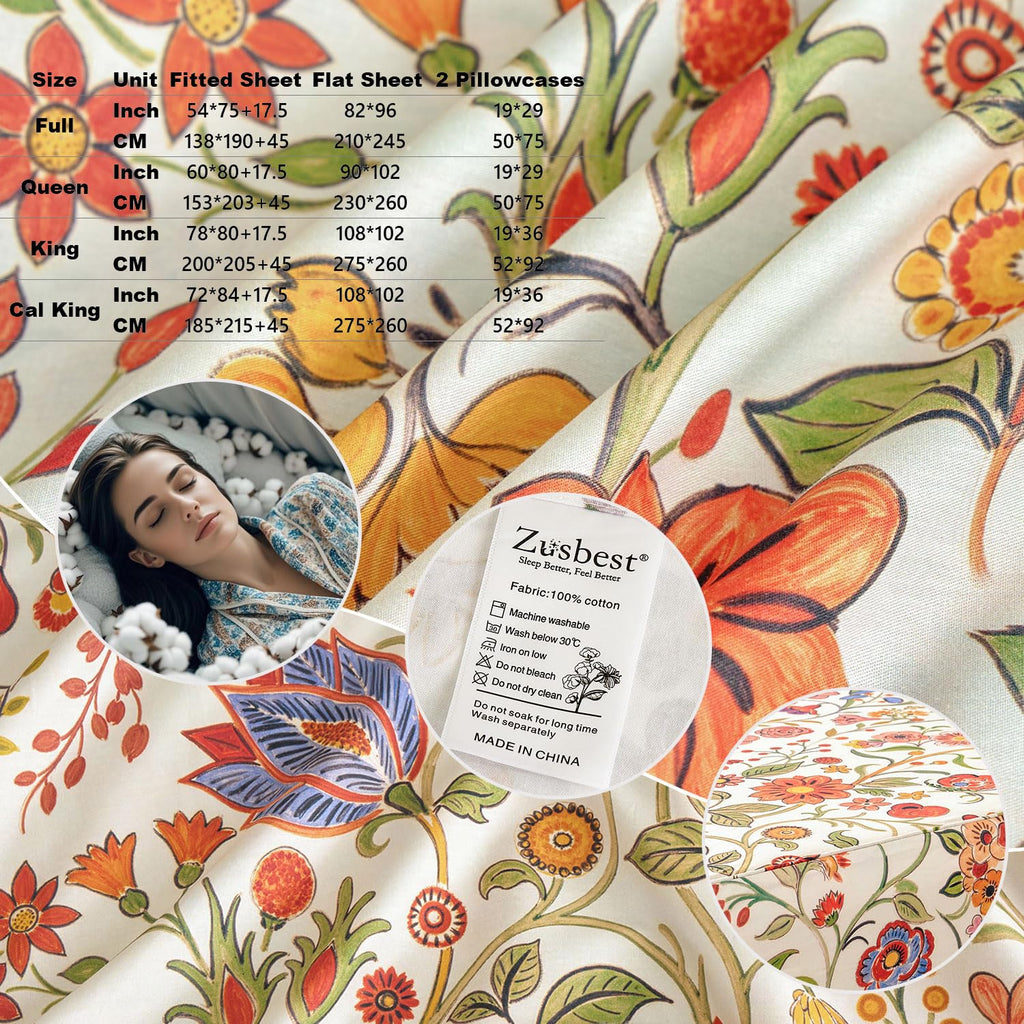 Floral Sheets California King 100% Percale Cotton Orange & Green Boho Bed Sheet Set, Soft Breathable Crisp Sunflower