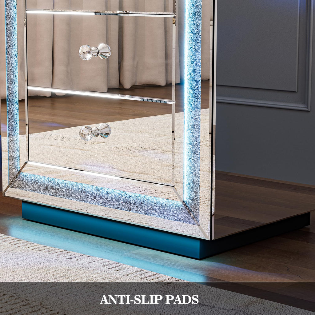 Mirrored Nightstand with LED Light & Wireless Charging, 3 Drawers
