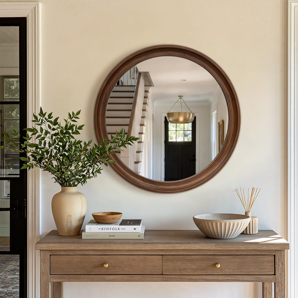Round Wood Mirror, 26" Circle Mirror with Wooden Frame, Walnut Brown