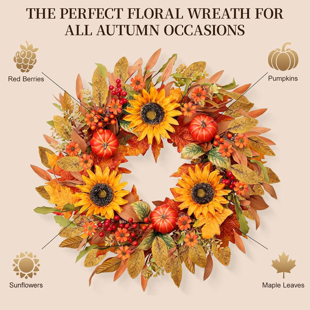 Artificial Fall Wreath 24 Inch Fall Wreaths for Front Door