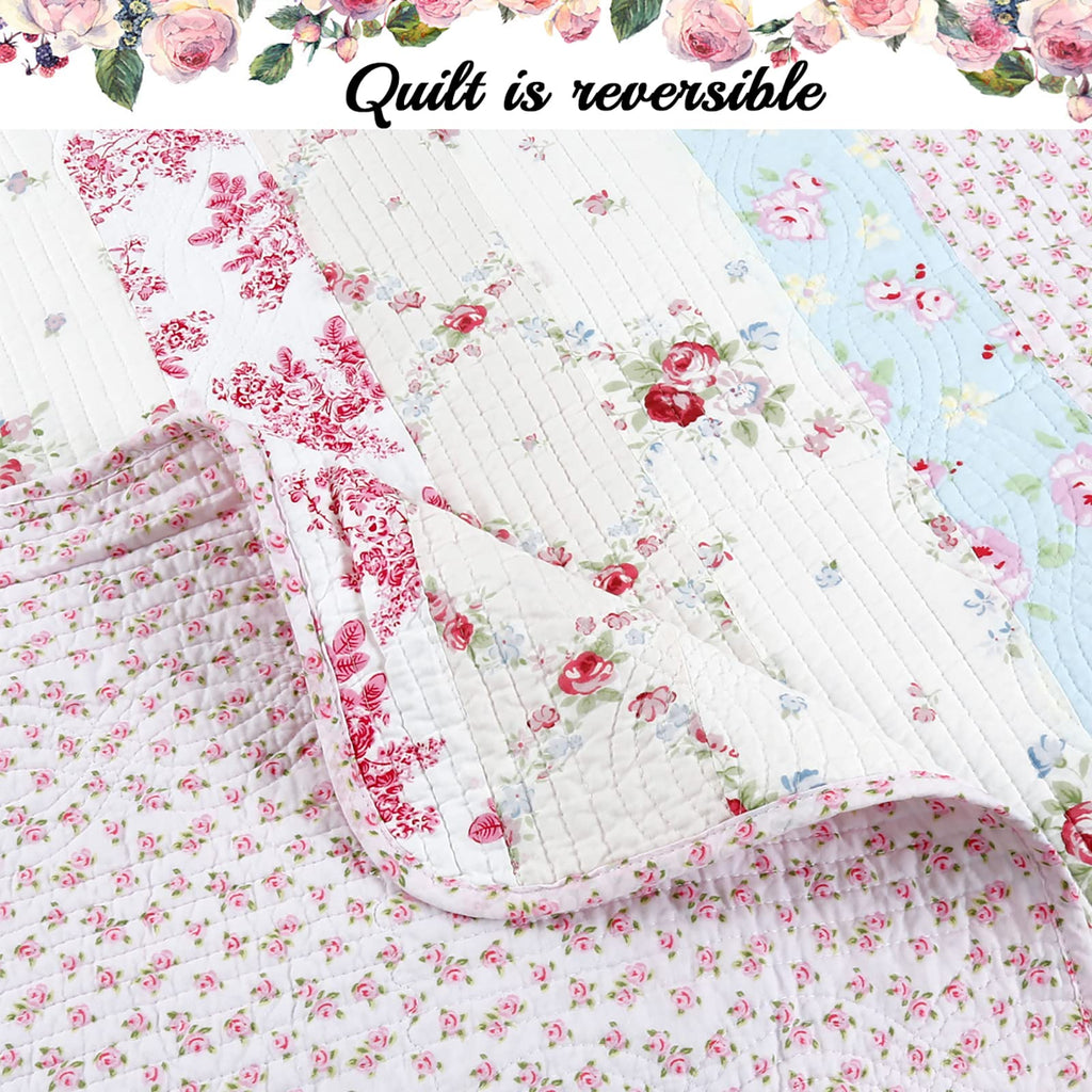 100% Cotton Real Patchwork Pink Floral Cottage Shabby Chic Reversible Quilt Bedding Set, Bedspread, Coverlet (Wild