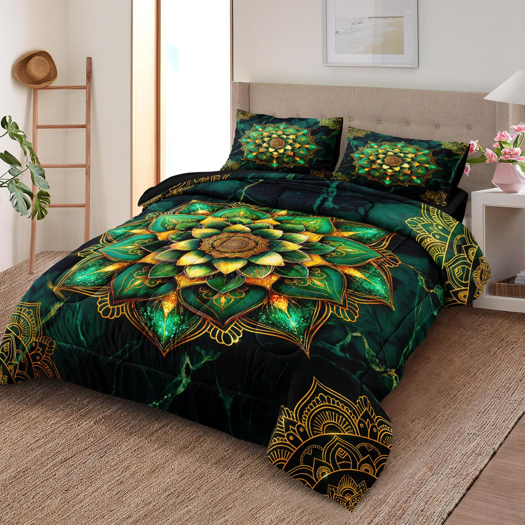 Green Marble Comforter Set Queen Size Mandala Floral Bedding Set Dark Green Mandala Print Boho Chic Bedding Super