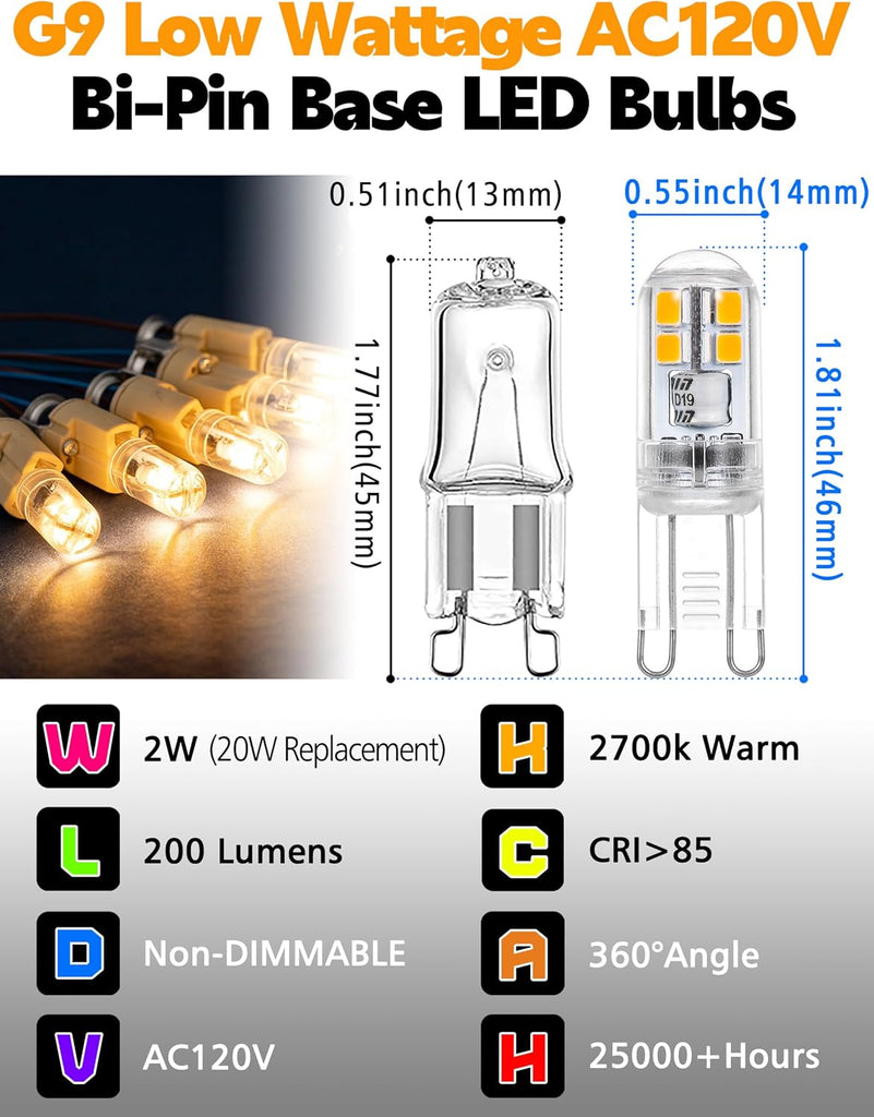 G9 LED Bulb 20W Equivalent, 2w Low Wattage Bulb, 2700K Warm White