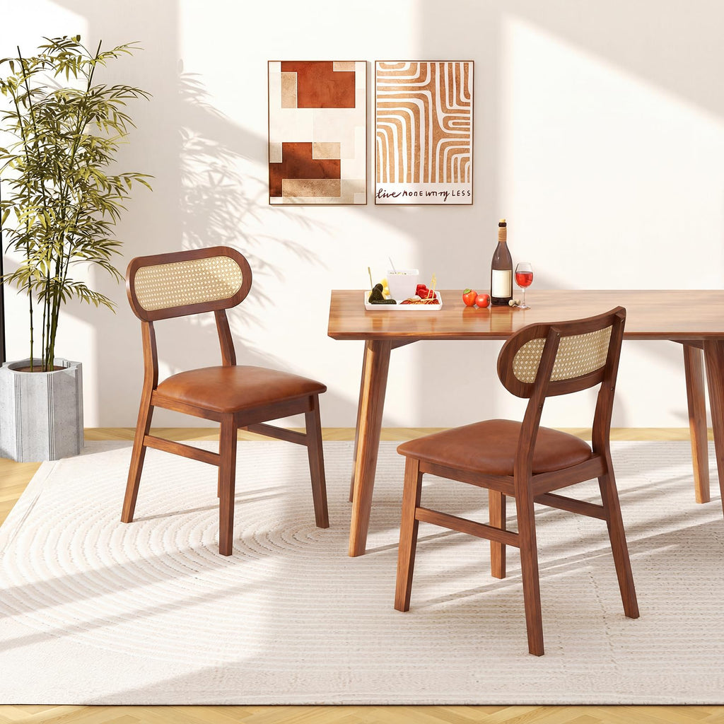 Wooden Dining Chairs Set of 2, Mid-Century Modern Kitchen Chairs with Upholstered Seat & Rattan Backrest, Faux