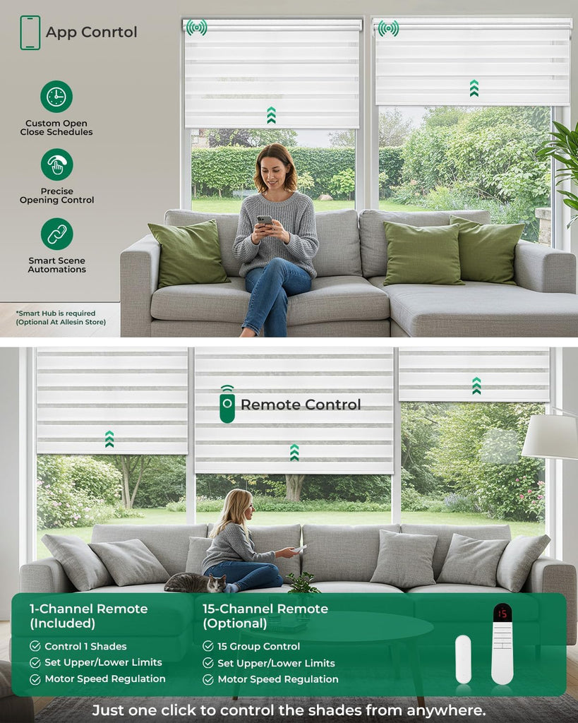 Motorized Zebra Blinds with Remote, Electric Dual-Layer Shades with Dry Battery-Powered, Smart Window Blind with