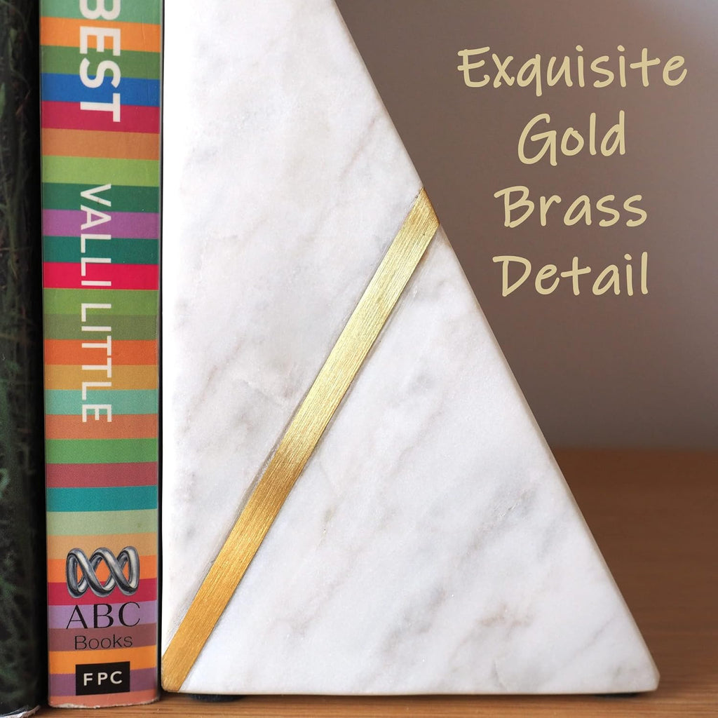 Marble Bookends Handcrafted Heavy Marble Triangular Bookshelf Decor Brass Inlay Set of 2 Decorative Bookends Book