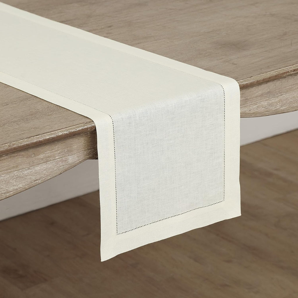 100% Linen Table Runner Ivory, Classic Hemstitch 14 x 108 in | Table Runners for 8-10 seater dining tables and