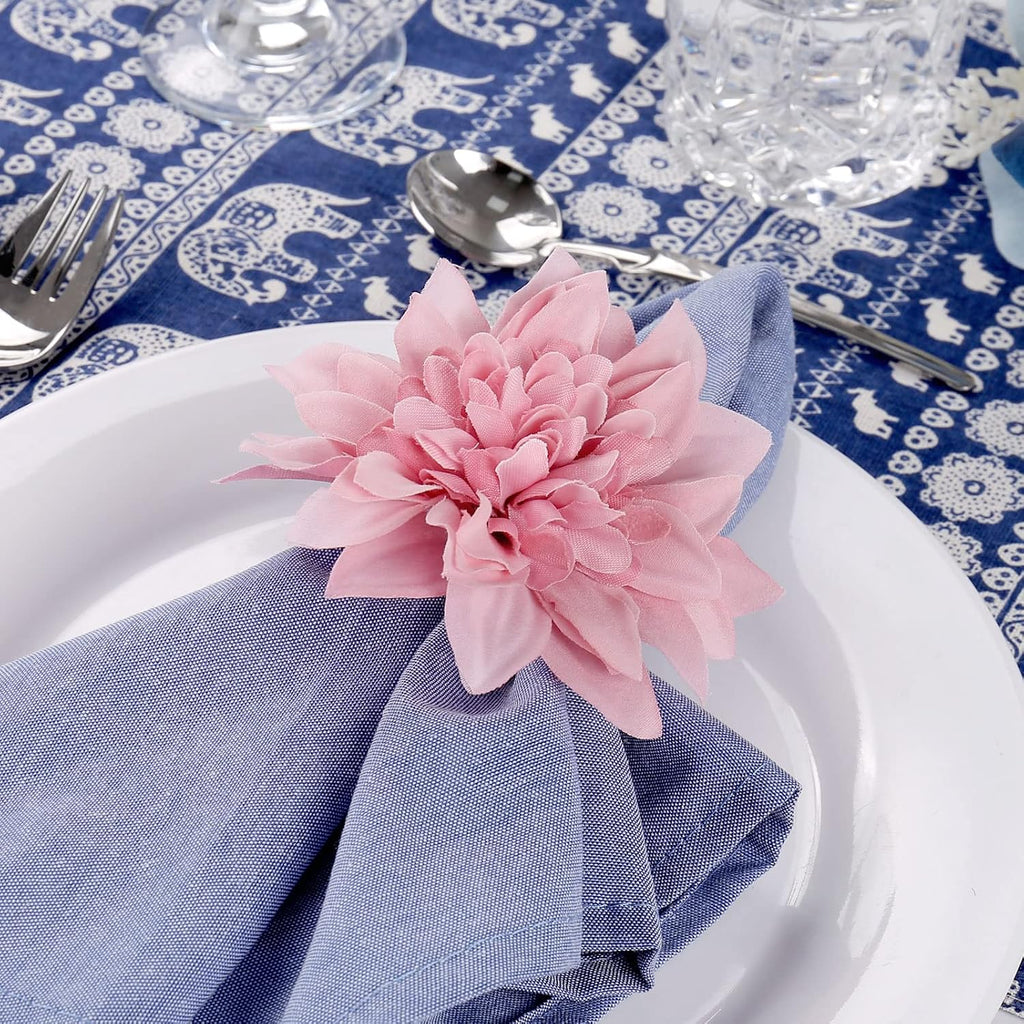 Farmhouse Flower Napkin Rings, Faux Pink Dahlia Napkin Ring, Natural Serviette Buckles Holder for Gift,Table - Set of 8