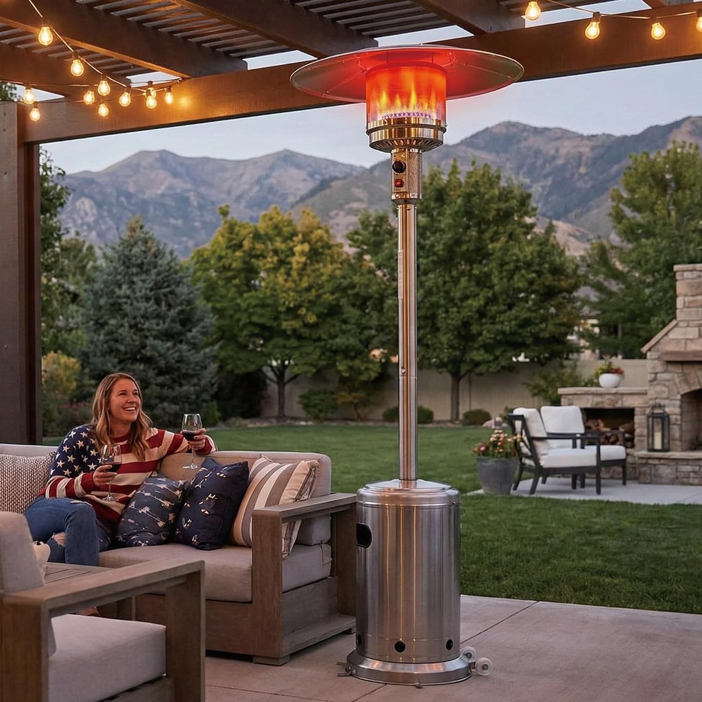 Propane Patio Heater 46,000 BTU with Stainless Steel Design and Wheels Ideal for Backyard, Garden