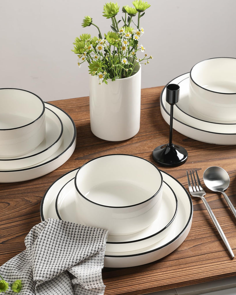 Porcelain Dinnerware Sets for 4, 12 Pieces Ceramic Plates and Bowls Set, Classic Modern Simple Kitchen Dinner Dining