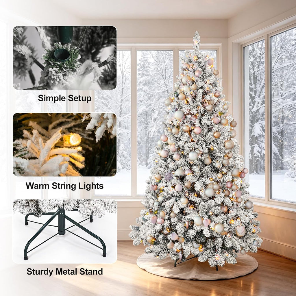 Pre-lit Flocked Christmas Tree, Artificial Christmas Tree with Lights, Snow Frosted Christmas Trees Pre-lit