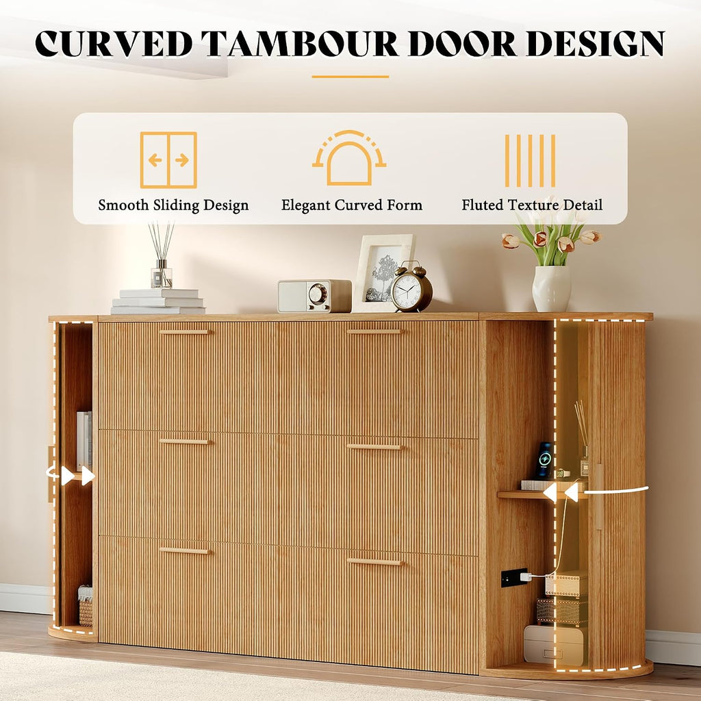 Queen Murphy Bed with Storage Bedside Shelves & Sliding Tambour Door, Modern Cabinet Bed with Charging Station &