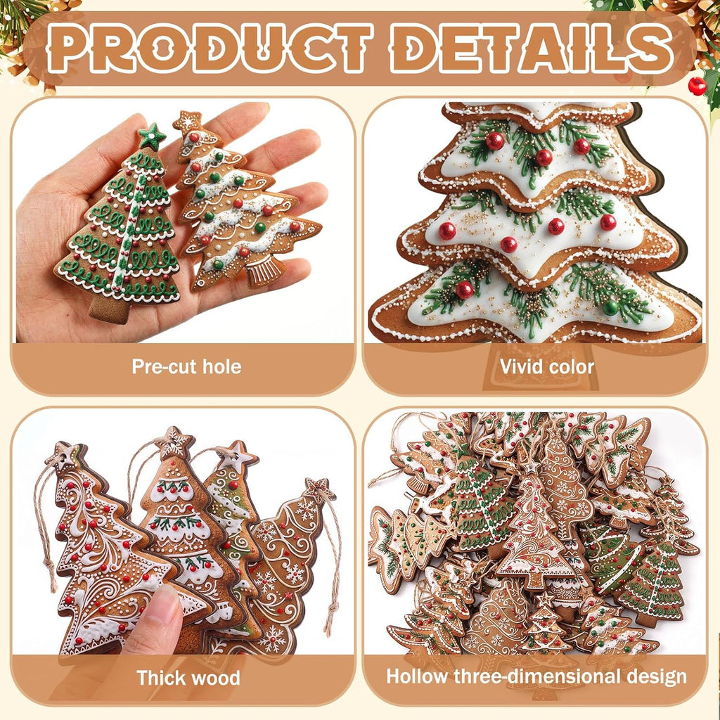 Christmas Gingerbread Tree Ornaments Set Wooden Christmas Hanging Decoration Green Xmas Tree Crafts Indoor - Set of 36