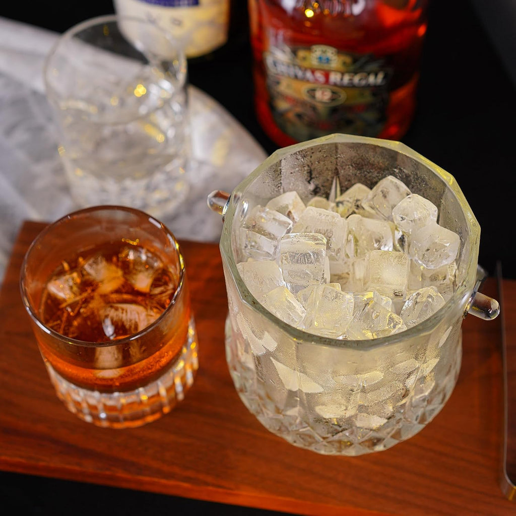 Crystal Ice Bucket 37oz Small Glass Ice Bucket with Tongs Handle 4.7in