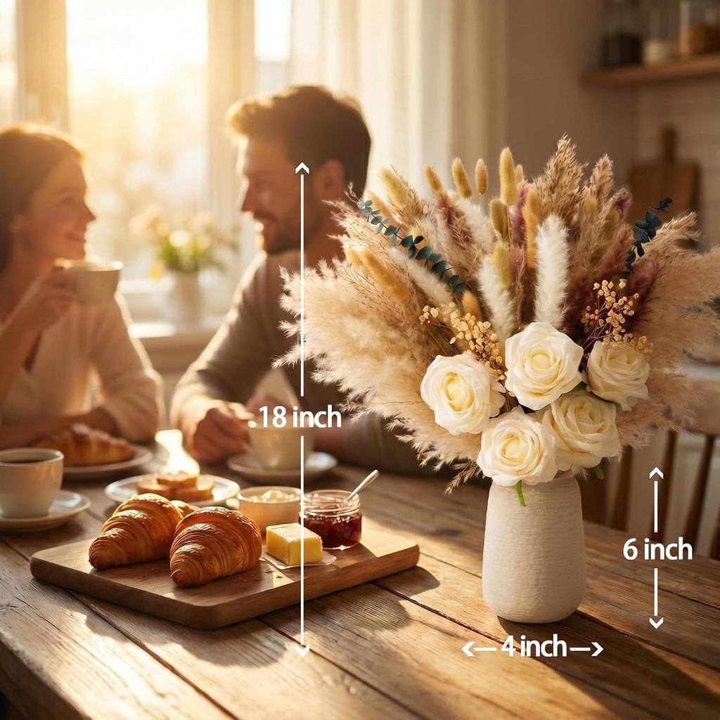 Dried Pampas Grass with Vase, Includes Artificial Silk Roses, Boho Natural Dried Flowers for Coffee Table - Set of 100