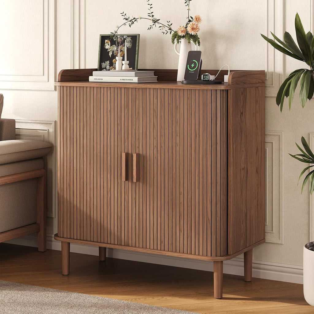 Fluted Bar Cabinet with Storgae, Wine Cabinet, 33" H, Walnut | Coffee Bar Cabinet, Liquor Cabinet, with Charging